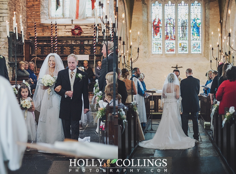 Father walking his bride daughter down the aisle in St Petrox Church, Dartmouth, photographed by Holly Collings