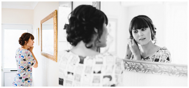 bridesmaid putting in her earrings that were gifted by the bride