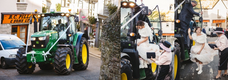 bride arriving in tractor to st saviours church dartmouth wedding in tractor as wedding car, wearing wellies