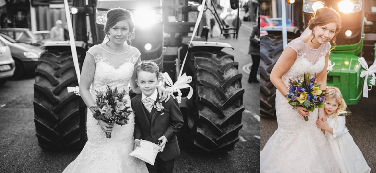 bride with her son and flower girl in front of tractor wedding car in dartmouth