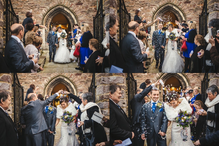 photography of married couple being showered with confetti after wedding ceremony in dartmouth