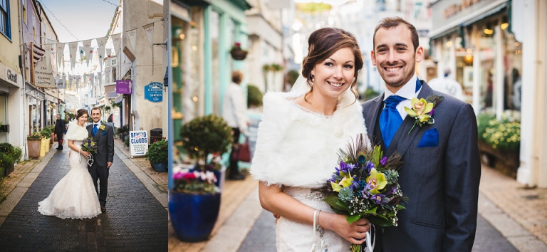 married couple portrait photography in foss street dartmouth, peacock bouquet and blue suit for winter wedding