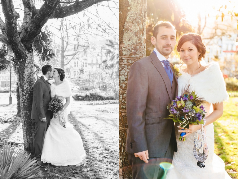 married couple in avenue gardens dartmouth kissing under tree during sunset