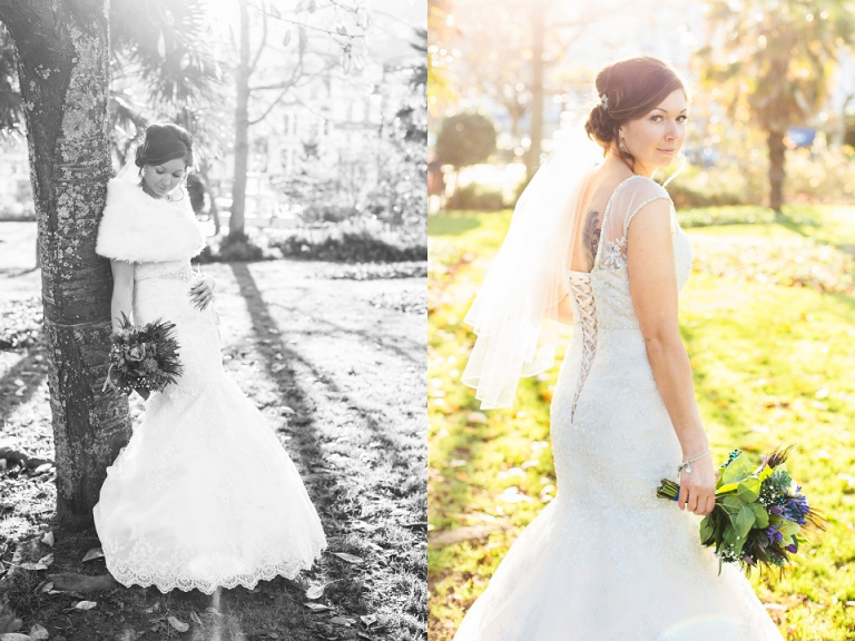 bridal portraits in avenue gardens darmouth during sunset, bride leaning against tree and looking over shoulder