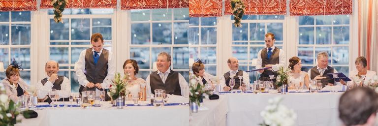 groom giving speach at wedding breakfast at dartmouth castle and giving presents to parents