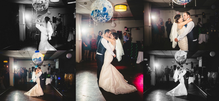 bride and grooms first dance at golf and country club reception, off camera flash photography, dancing under balloon