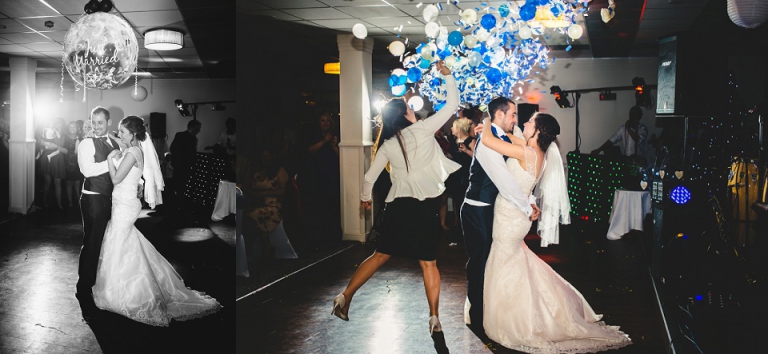 confetti balloon pop over bride and groom first dance at golf and country club with off camera flash photography