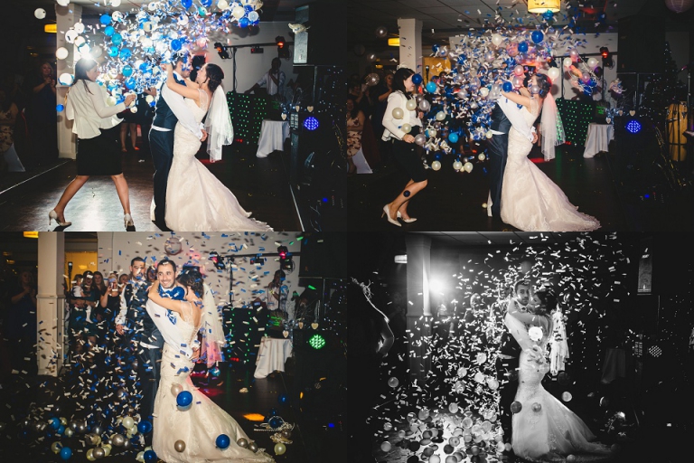 couple first dance in shower of balloons and confetti at dartmouth golf country club, off camera flash photography