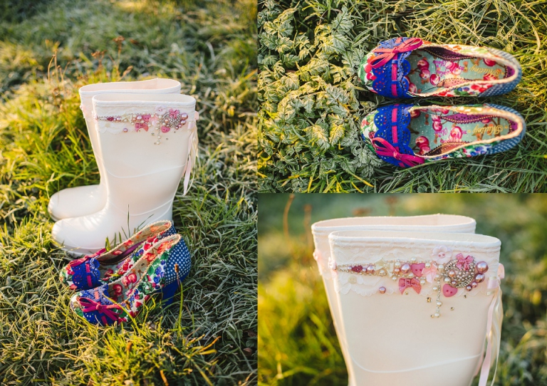 getting ready photos, wedding shoes, high heels and pink jewel wellies in frosty grass on dartmouth farm during sunrise