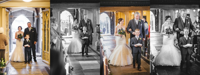 bride walking down the aisle with father and son at st saviours church, darmouth