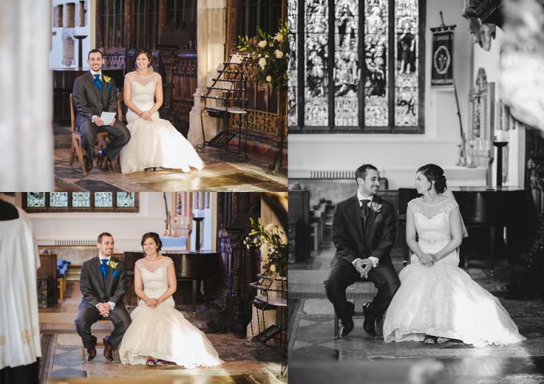 bride and groom sat down during ceremony at st saviours church dartmouth