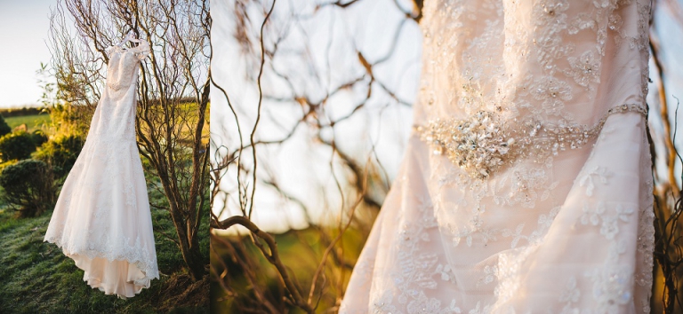 light pink wedding dress hanging up in tree at dartmouth farm during the sunrise