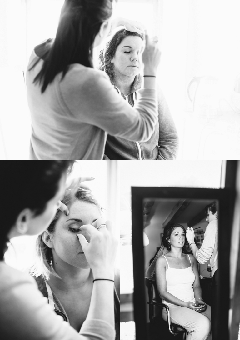 black and white photos of bride and bridesmaids getting ready for wedding at darmouth farm