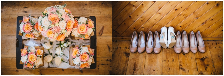 bride and bridesmaids shoes and bouquets from wild floral designs on wooden floor