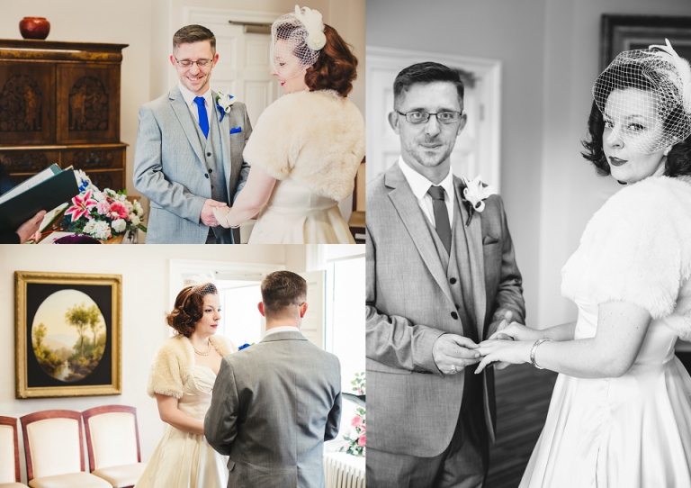 Ceremony photos of bride and groom in cockington court registry office