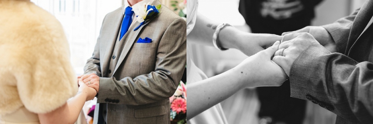 holding hands, rings, buttonhole and suit in registry office at cockington