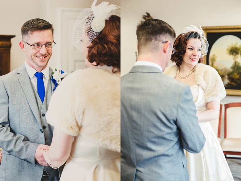 happy couple smiling during their elopement ceremony at cockington court registry office