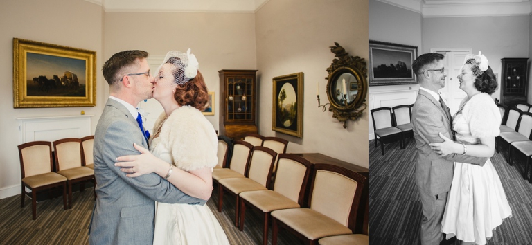 empty room as married couple have first kiss after elopement ceremony at cockington court in Torquay