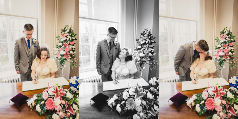 couple signing the register at cockington court, torquay after eloping