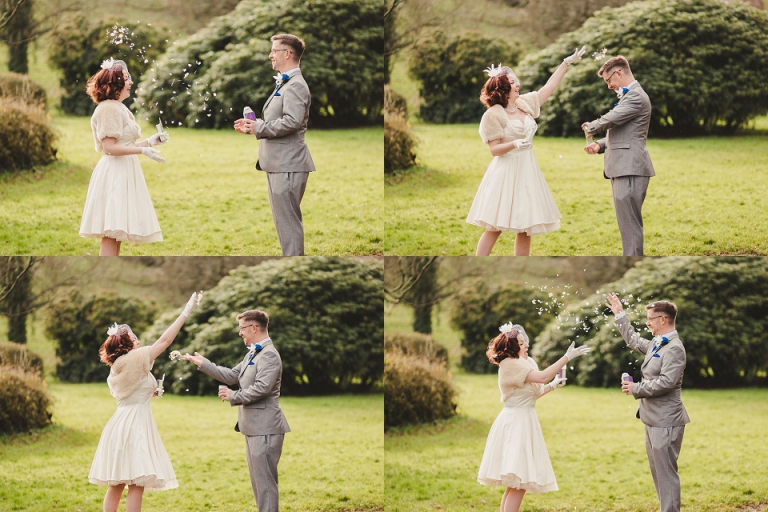 eloped couple throwing confetti at each other in torquay at cockington