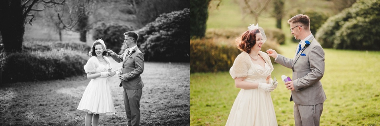 groom getting confetti off his bride after throwing it at each other during elopement