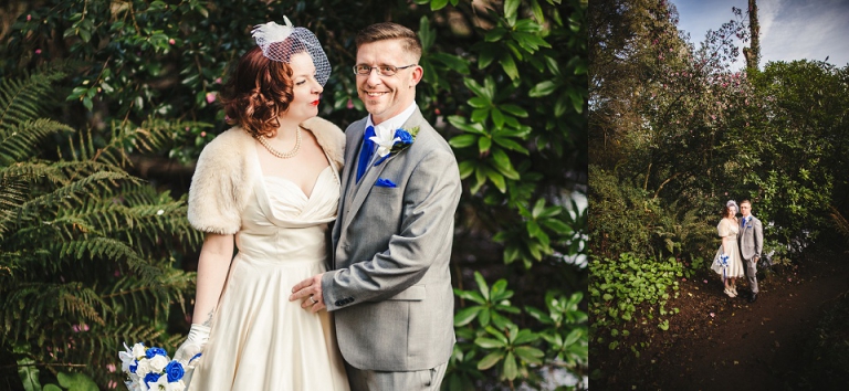 couple amongst the greenery at the ground of cockington where they eloped