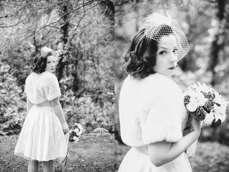 beautiful vintage bride portraits at elopement wedding in woodland at Cockington, Torquay