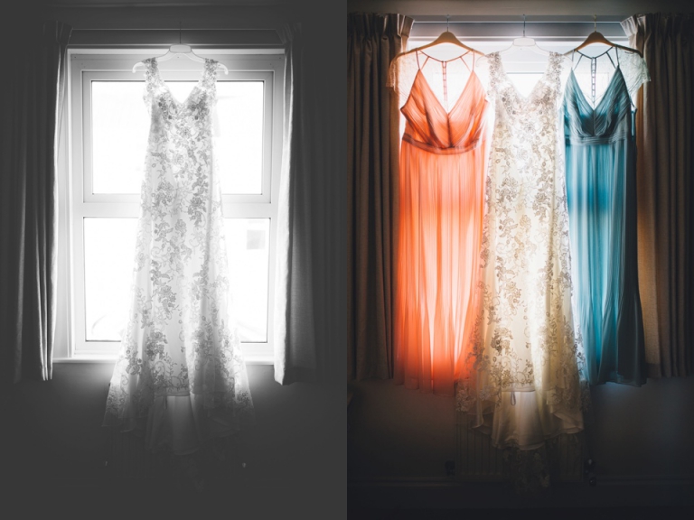 Intimate, Pastel Vintage Wedding Photography at Redcliffe Hotel, Paignton, Devon_bride bridesmaid dresses hanging in window beautifully back lit