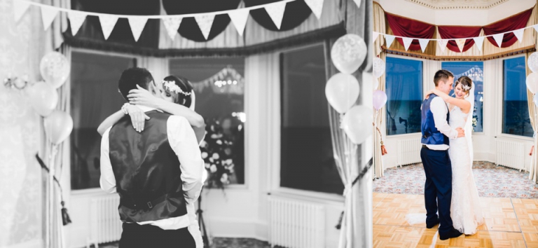 Intimate, Pastel Vintage Wedding Photography at Redcliffe Hotel, Paignton, Devon_bride and groom dance their first dance with sea view
