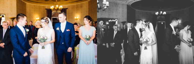 Intimate, Pastel Vintage Wedding Photography at Redcliffe Hotel, Paignton, Devon_bride greeting groom at the end of the aisle with a kiss