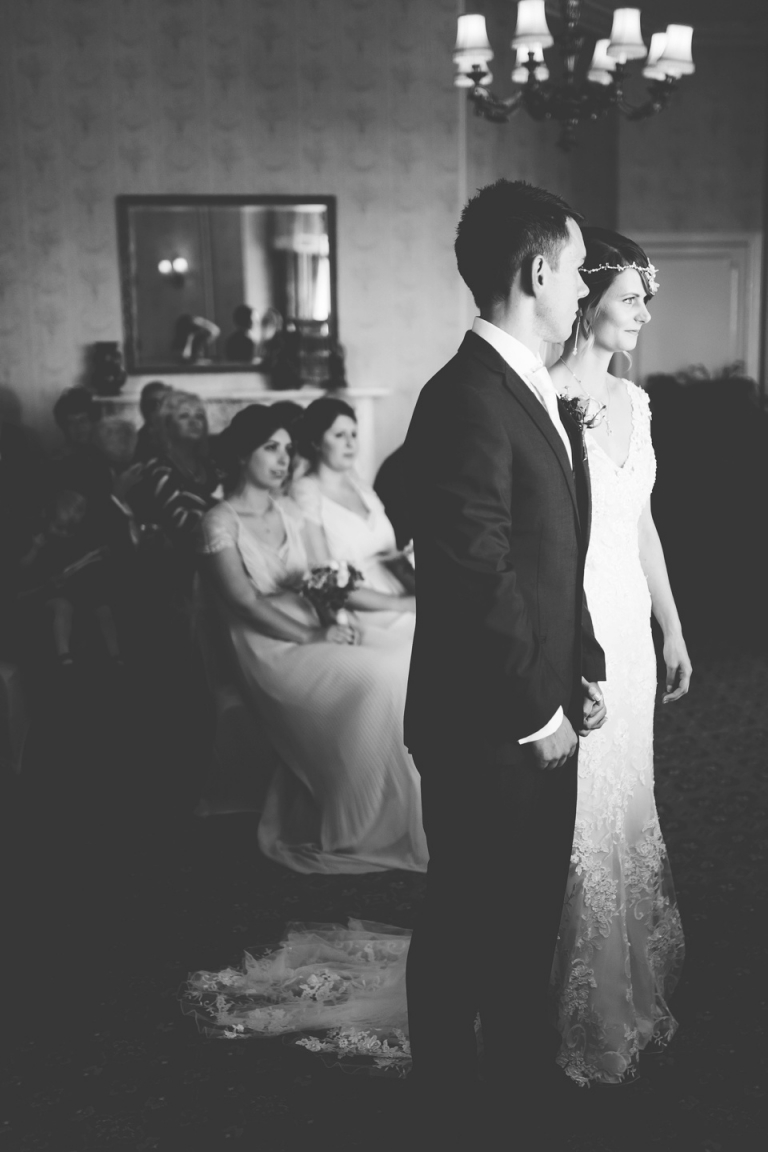 Intimate, Pastel Vintage Wedding Photography at Redcliffe Hotel, Paignton, Devon_dramatic black and white during wedding ceremony