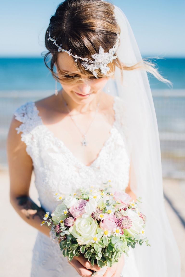 76 Wedding Photography at Redcliffe Hotel, Paignton_stunning bride portrait, lace head piece by bridal rooms, bouquet wild floral designs, dress bridal box 1