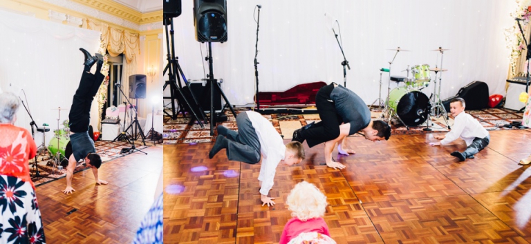Best of wedding photography in Torquay, Paignton, London and Exeter - Natural, Candid, Photojournalistic handstand on dance floor at reception in imperial hotel