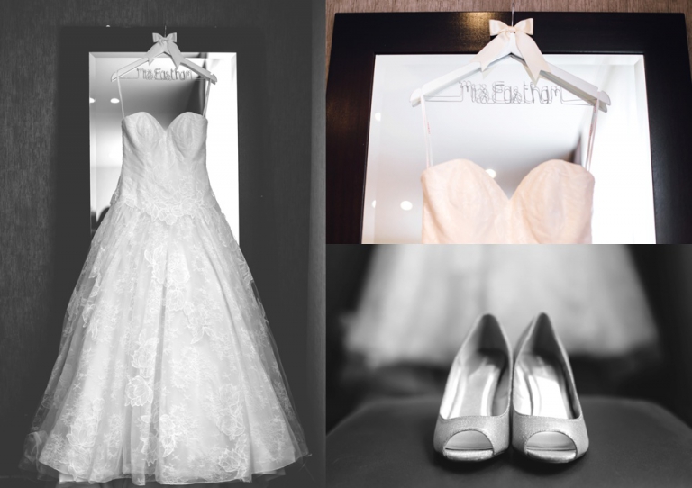 Best of wedding photography in Torquay, Paignton, London and Exeter - Natural, Candid, Photojournalistic wedding dress and shoes hanging up in hotel room in hammersmith london