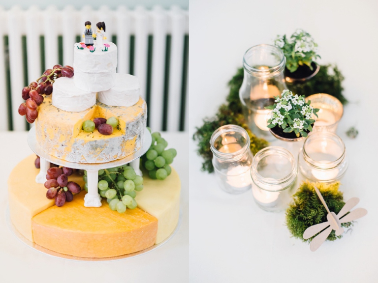 Best of wedding photography in Torquay, Paignton, London and Exeter - Natural, Candid, Photojournalistic cheese cake with lego topper at table decorations at hammersmith club