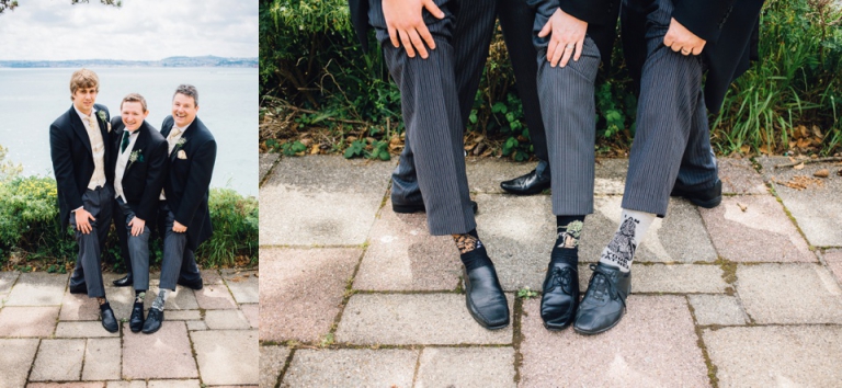 Best of wedding photography in Torquay, Paignton, London and Exeter - Natural, Candid, Photojournalistic groom and groomsmen showing off star wars socks