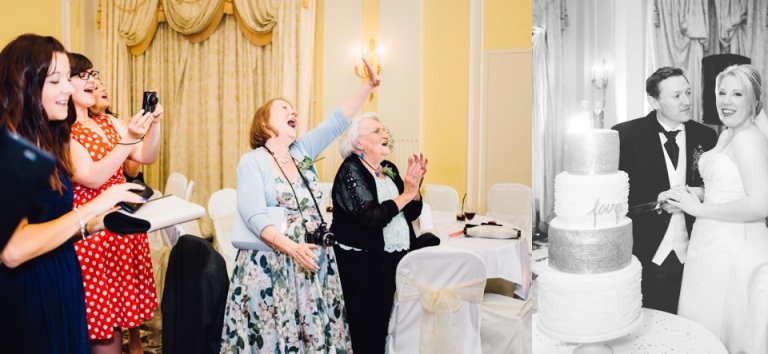 Best of wedding photography in Torquay, Paignton, London and Exeter - Natural, Candid, Photojournalistic couple cutting cake to cheering at imperial hotel