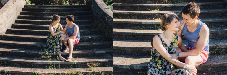Best of wedding photography in Torquay, Paignton, London and Exeter - Natural, Candid, Photojournalistic couple sitting on steps in shaldon for engagement session