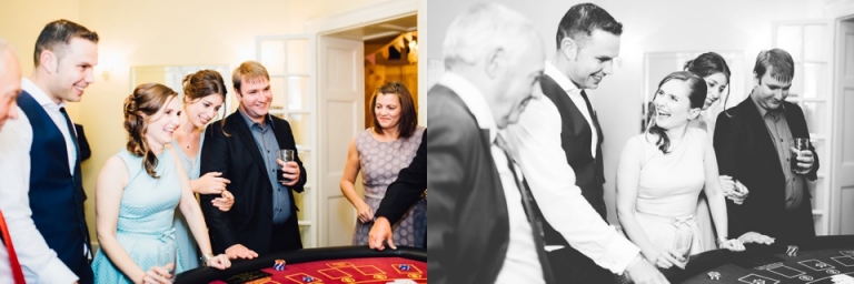 Intimate, Pastel Vintage Wedding Photography at Redcliffe Hotel, Paignton, Devon_Casino Select, guests having fun playing blackjack
