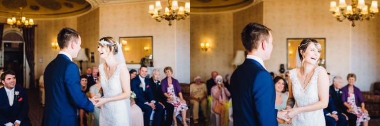 Intimate, Pastel Vintage Wedding Photography at Redcliffe Hotel, Paignton, Devon_bride putting ring on wrong finger, laughing during ceremony