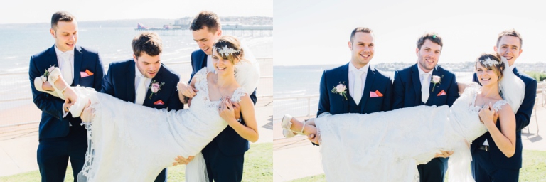 Intimate, Pastel Vintage Wedding Photography at Redcliffe Hotel, Paignton, Devon_bride laying across groomsmen picking her up