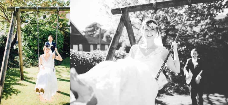 Natural Fun Wedding Photography at Redcliffe Hotel, Paignton, Devon_groom pushing bride on swing in sunshine