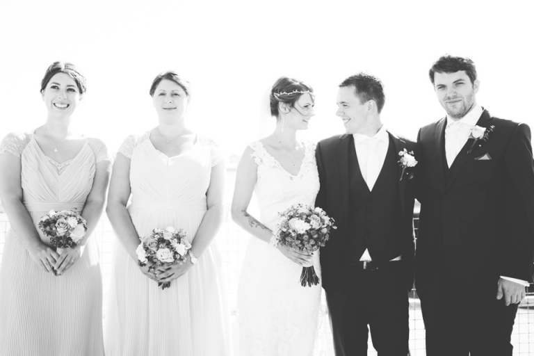 Intimate, Pastel Vintage Wedding Photography at Redcliffe Hotel, Paignton, Devon_black and white group portrait, bride, groom, best man and bridesmaids