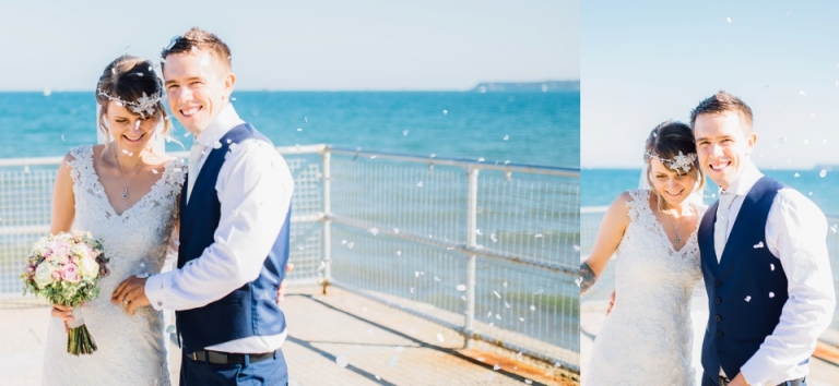 Intimate, Pastel Vintage Wedding Photography at Redcliffe Hotel, Paignton, Devon_bride and groom laughing in shower of confetti