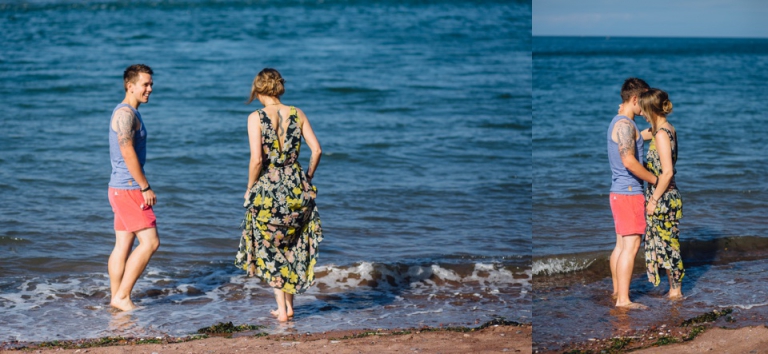 Best of wedding photography in Torquay, Paignton, London and Exeter - Natural, Candid, Photojournalistic couple paddling in sea at shaldon beach for engagement session