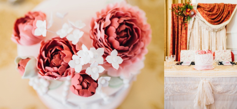 Imperial Hotel Torquay Wedding Photography, gold styling by Hannah Taylor_Wedding Cake on Top Table with lace and drapes