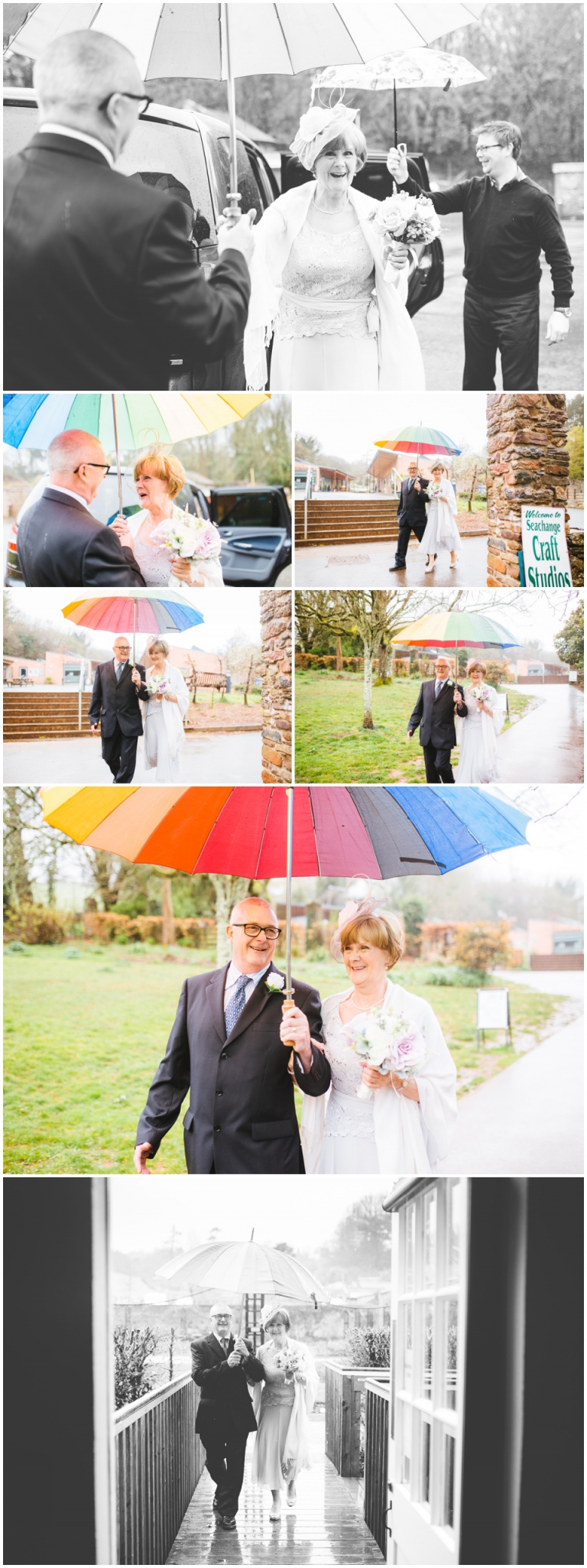 15 Small Intimate Cockington Court Wedding Photography in Torquay - bride arriving to wedding in rain and walking under umbrella