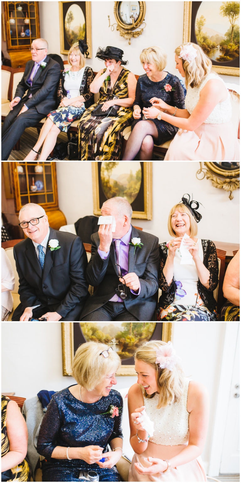 27 Small Intimate Cockington Court Wedding Photography in Torquay - guests crying and wiping tears during ceremony