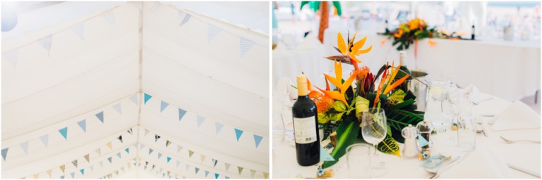 18 Blackpool Sands Dartmouth Wedding Photography Creative Documentary - bunting and bird of paradise center piece