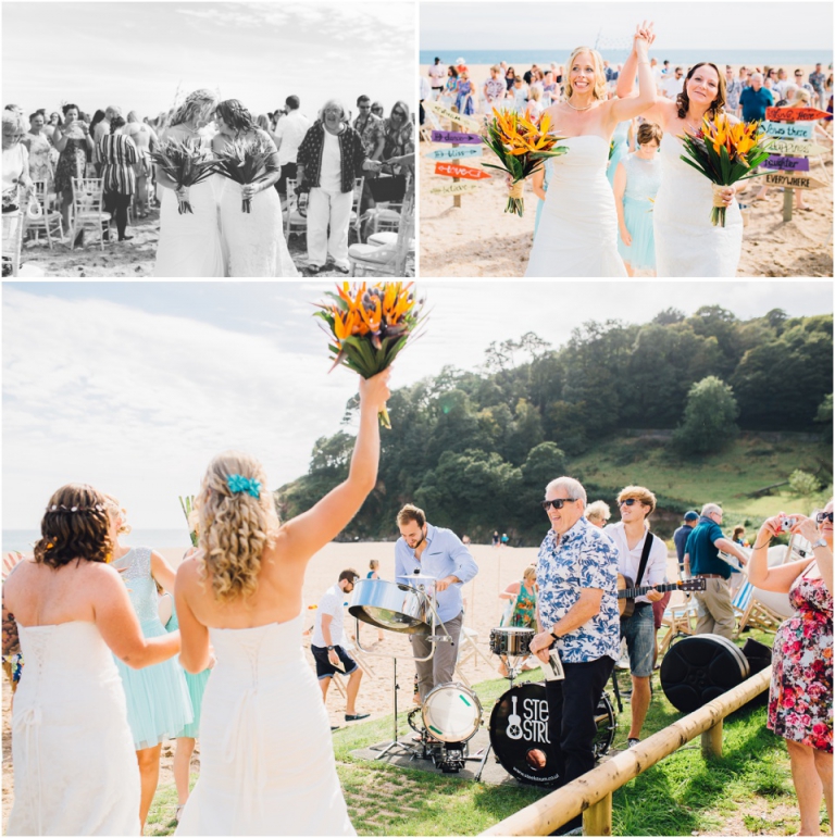 35 Blackpool Sands Dartmouth Wedding Photography Creative Documentary - brides walking down the aisle celebrating